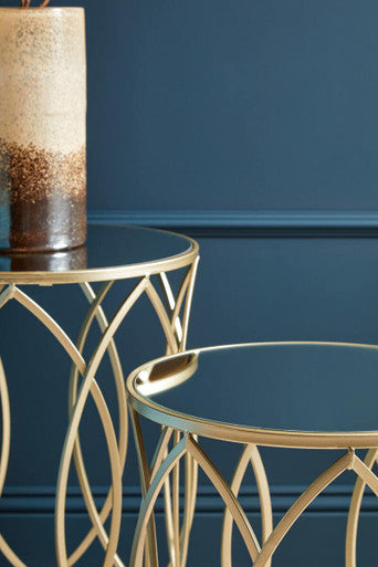Set of 2 Mirrored Glass Top and Gold Finish Metal Frame Side Tables