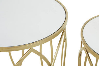 Set of 2 Mirrored Glass Top and Gold Finish Metal Frame Side Tables