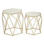 Set of 2 Gold Hexagonal Mirrored Top Side Tables with Gold Metal Frame