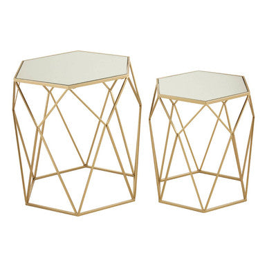 Set of 2 Gold Hexagonal Mirrored Top Side Tables with Gold Metal Frame
