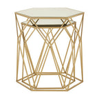 Set of 2 Gold Hexagonal Mirrored Top Side Tables with Gold Metal Frame