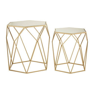 Set of 2 Gold Hexagonal Mirrored Top Side Tables with Gold Metal Frame