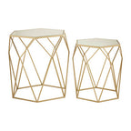 Set of 2 Gold Hexagonal Mirrored Top Side Tables with Gold Metal Frame