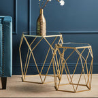 Set of 2 Gold Hexagonal Mirrored Top Side Tables with Gold Metal Frame