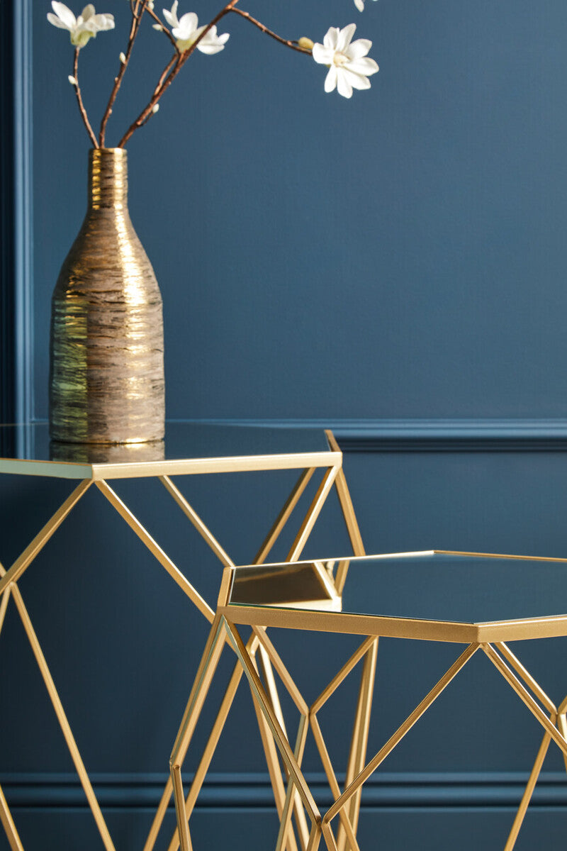 Set of 2 Gold Hexagonal Mirrored Top Side Tables with Gold Metal Frame