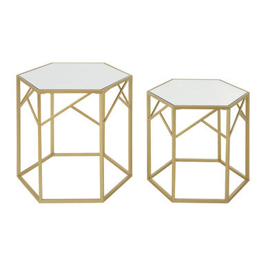 Set of 2 Gold Hexagonal Frame Side Tables with Mirrored Glass Top
