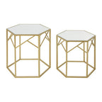 Set of 2 Gold Hexagonal Frame Side Tables with Mirrored Glass Top
