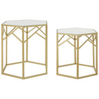 Set of 2 Gold Hexagonal Frame Side Tables with Mirrored Glass Top