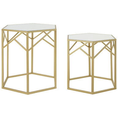 Set of 2 Gold Hexagonal Frame Side Tables with Mirrored Glass Top