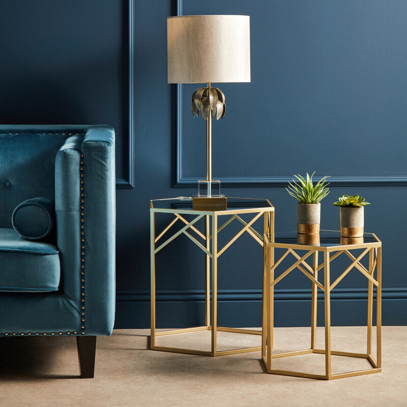Set of 2 Gold Hexagonal Frame Side Tables with Mirrored Glass Top