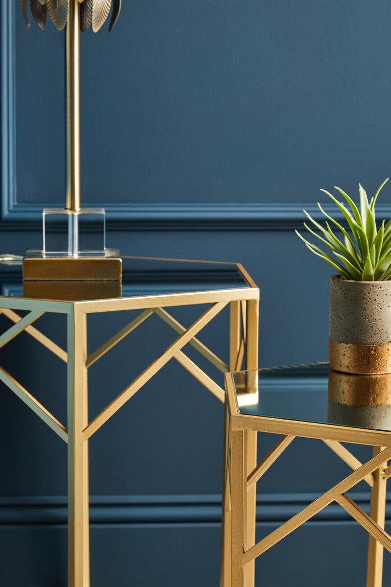 Set of 2 Gold Hexagonal Frame Side Tables with Mirrored Glass Top
