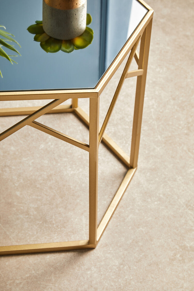 Set of 2 Gold Hexagonal Frame Side Tables with Mirrored Glass Top