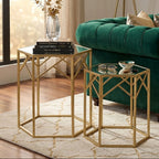 Set of 2 Gold Hexagonal Frame Side Tables with Mirrored Glass Top