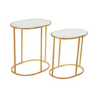Set of 2 Mirrored Glass Oval Top Side Tables with Gold Finish Metal Frame