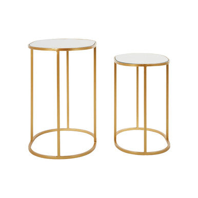 Set of 2 Mirrored Glass Oval Top Side Tables with Gold Finish Metal Frame