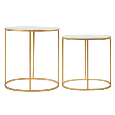 Set of 2 Mirrored Glass Oval Top Side Tables with Gold Finish Metal Frame