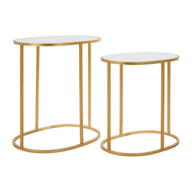 Set of 2 Mirrored Glass Oval Top Side Tables with Gold Finish Metal Frame