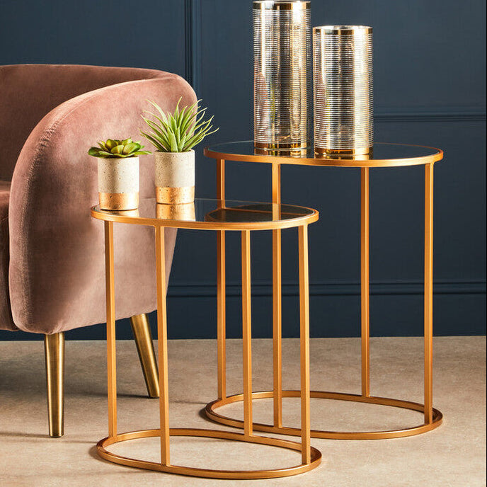 Set of 2 Mirrored Glass Oval Top Side Tables with Gold Finish Metal Frame