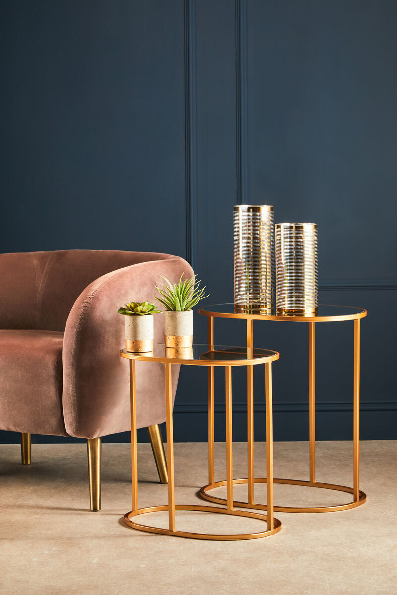 Set of 2 Mirrored Glass Oval Top Side Tables with Gold Finish Metal Frame