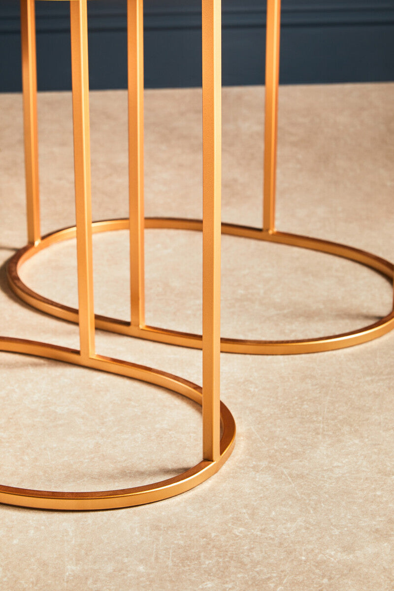 Set of 2 Mirrored Glass Oval Top Side Tables with Gold Finish Metal Frame
