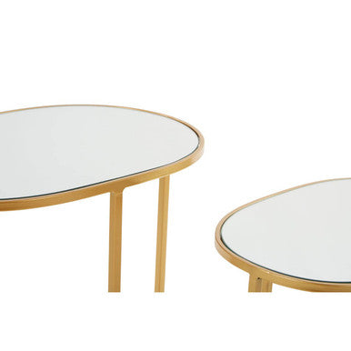 Set of 2 Mirrored Glass Oval Top Side Tables with Gold Finish Metal Frame