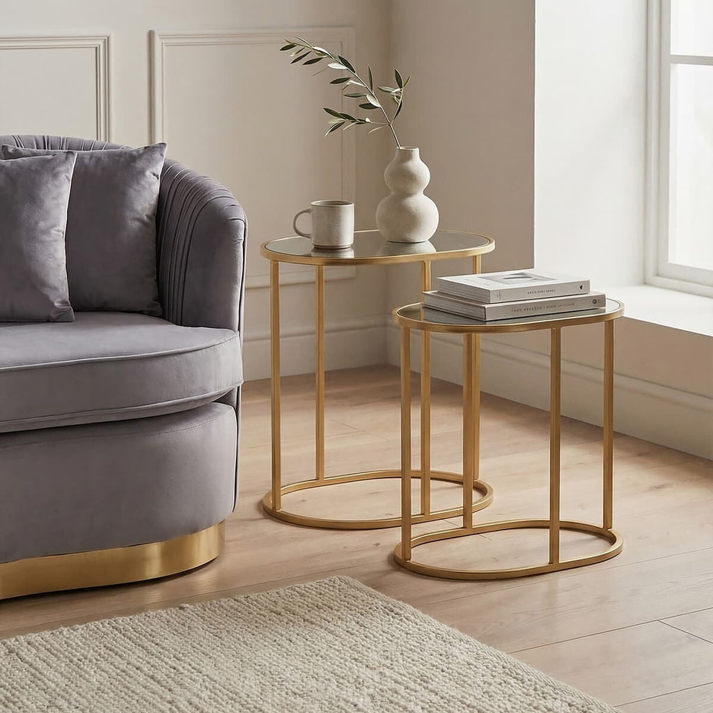 Set of 2 Mirrored Glass Oval Top Side Tables with Gold Finish Metal Frame
