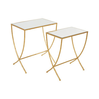 Set of 2 Mirrored Glass Top Rectangular Side Tables with Gold Metal Frame