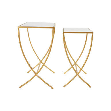 Set of 2 Mirrored Glass Top Rectangular Side Tables with Gold Metal Frame