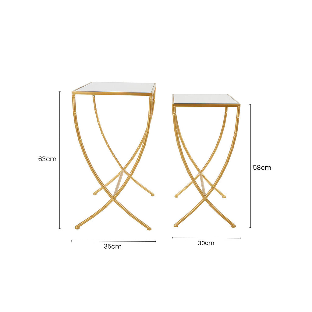 Set of 2 Mirrored Glass Top Rectangular Side Tables with Gold Metal Frame