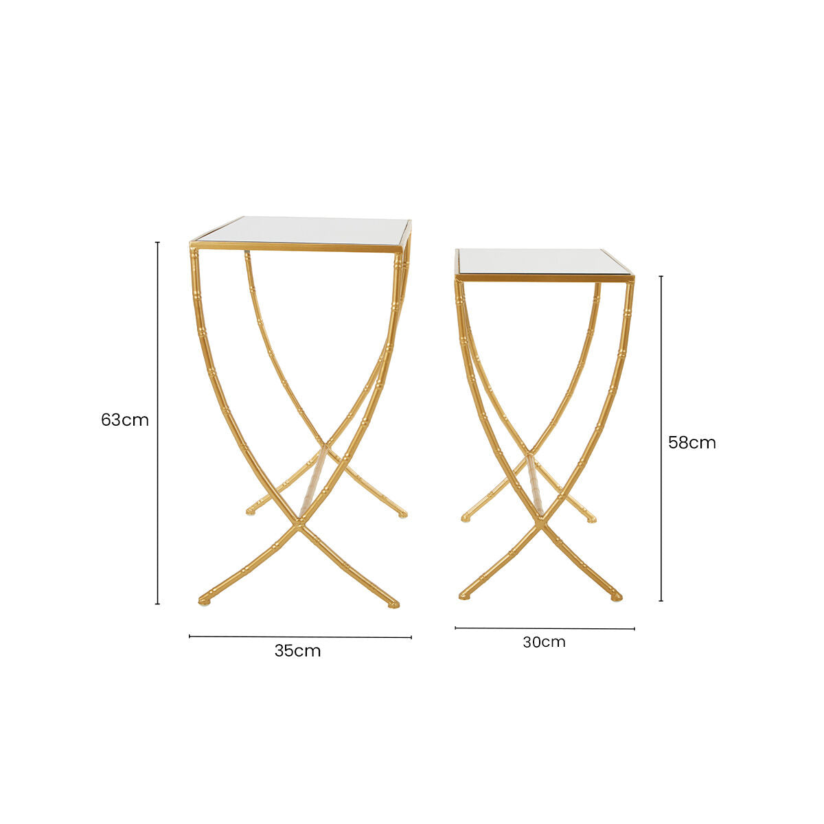 Set of 2 Mirrored Glass Top Rectangular Side Tables with Gold Metal Frame