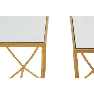 Set of 2 Mirrored Glass Top Rectangular Side Tables with Gold Metal Frame