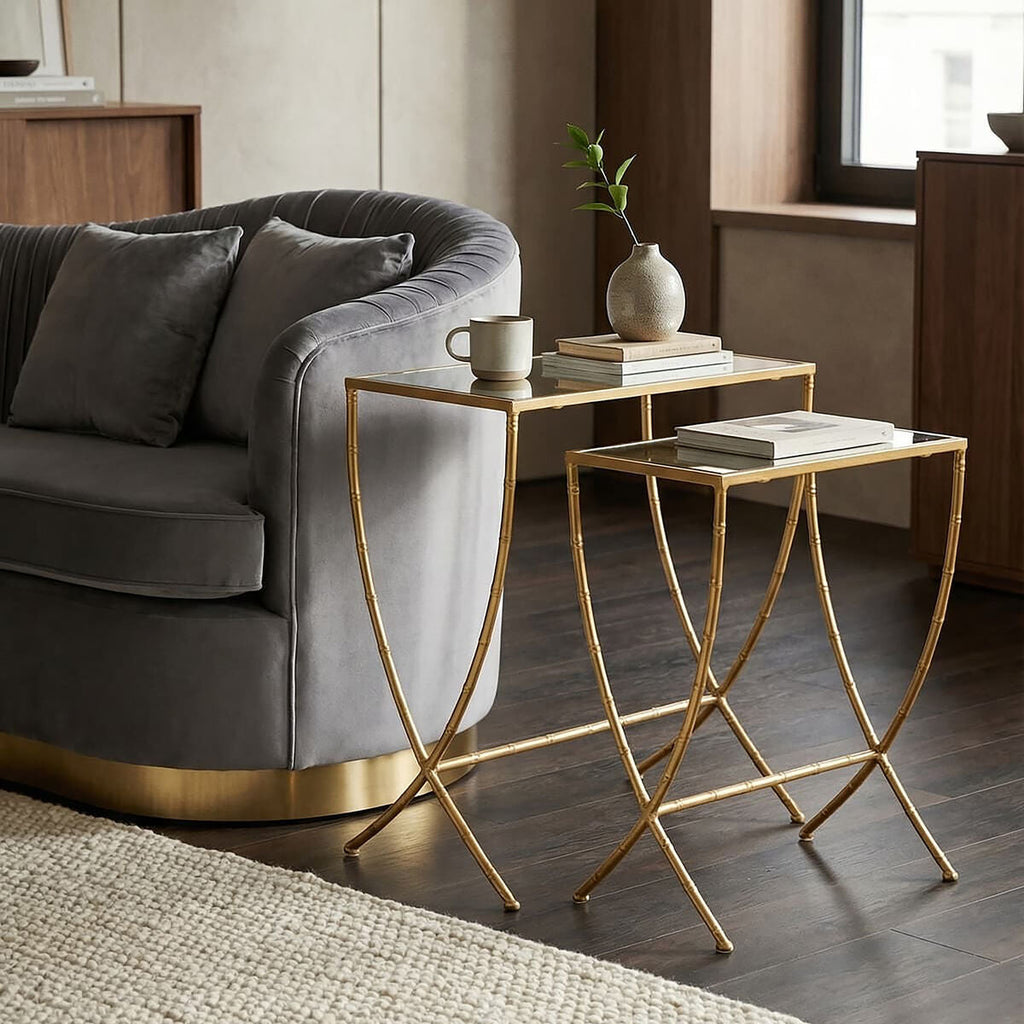 Set of 2 Mirrored Glass Top Rectangular Side Tables with Gold Metal Frame