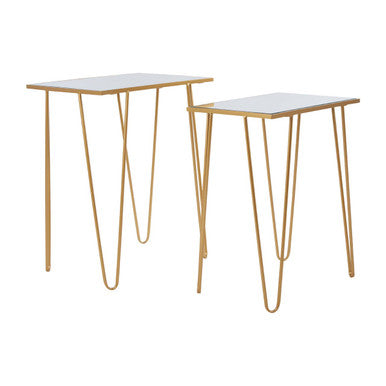 Gold Finish Set of 2 Rectangular Side Tables with Hairpin Legs