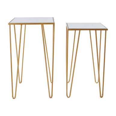 Gold Finish Set of 2 Rectangular Side Tables with Hairpin Legs