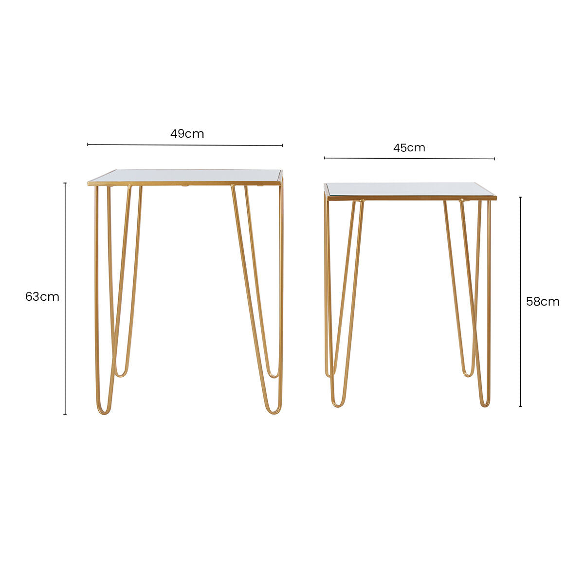 Gold Finish Set of 2 Rectangular Side Tables with Hairpin Legs