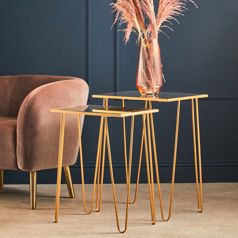 Gold Finish Set of 2 Rectangular Side Tables with Hairpin Legs