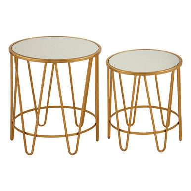 Set of 2 Mirrored Glass Top Side Tables with Gold Hairpin Legs Rounded Design
