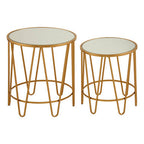 Set of 2 Mirrored Glass Top Side Tables with Gold Hairpin Legs Rounded Design