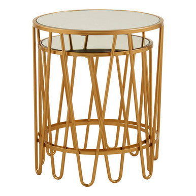 Set of 2 Mirrored Glass Top Side Tables with Gold Hairpin Legs Rounded Design