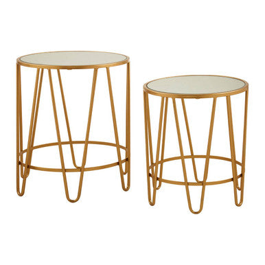Set of 2 Mirrored Glass Top Side Tables with Gold Hairpin Legs Rounded Design