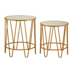 Set of 2 Mirrored Glass Top Side Tables with Gold Hairpin Legs Rounded Design