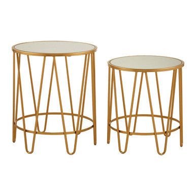 Set of 2 Mirrored Glass Top Side Tables with Gold Hairpin Legs Rounded Design