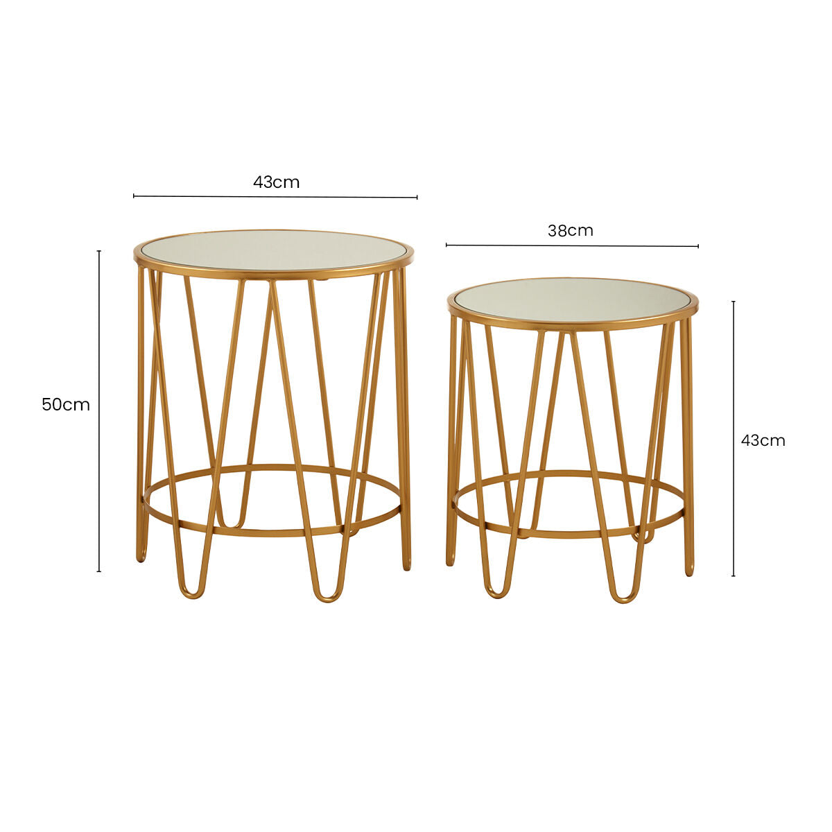 Set of 2 Mirrored Glass Top Side Tables with Gold Hairpin Legs Rounded Design