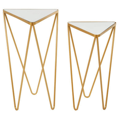 Set of 2 Mirrored Glass Triangle Top Side Tables with Gold Hairpin Legs