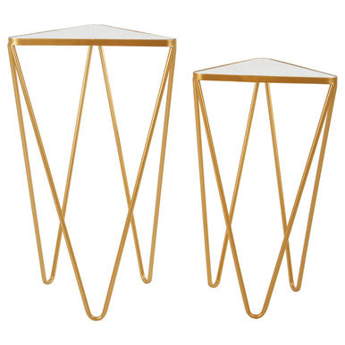 Set of 2 Mirrored Glass Triangle Top Side Tables with Gold Hairpin Legs