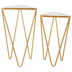 Set of 2 Mirrored Glass Triangle Top Side Tables with Gold Hairpin Legs
