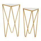 Set of 2 Mirrored Glass Triangle Top Side Tables with Gold Hairpin Legs