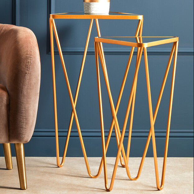Set of 2 Mirrored Glass Triangle Top Side Tables with Gold Hairpin Legs
