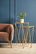 Set of 2 Mirrored Glass Triangle Top Side Tables with Gold Hairpin Legs