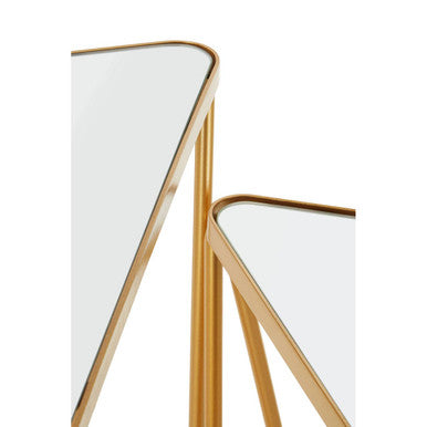 Set of 2 Mirrored Glass Triangle Top Side Tables with Gold Hairpin Legs
